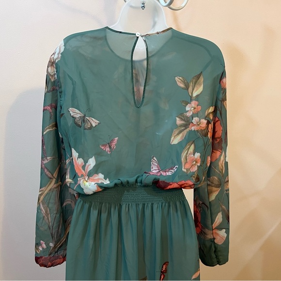 Beautiful floral long sleeve green dress /size S - Picture 4 of 8